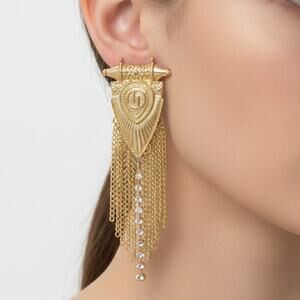 Gold Tone Chain Fringe Shield Drop Earrings Statement